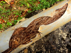 Cracked open pipe filled with plant roots